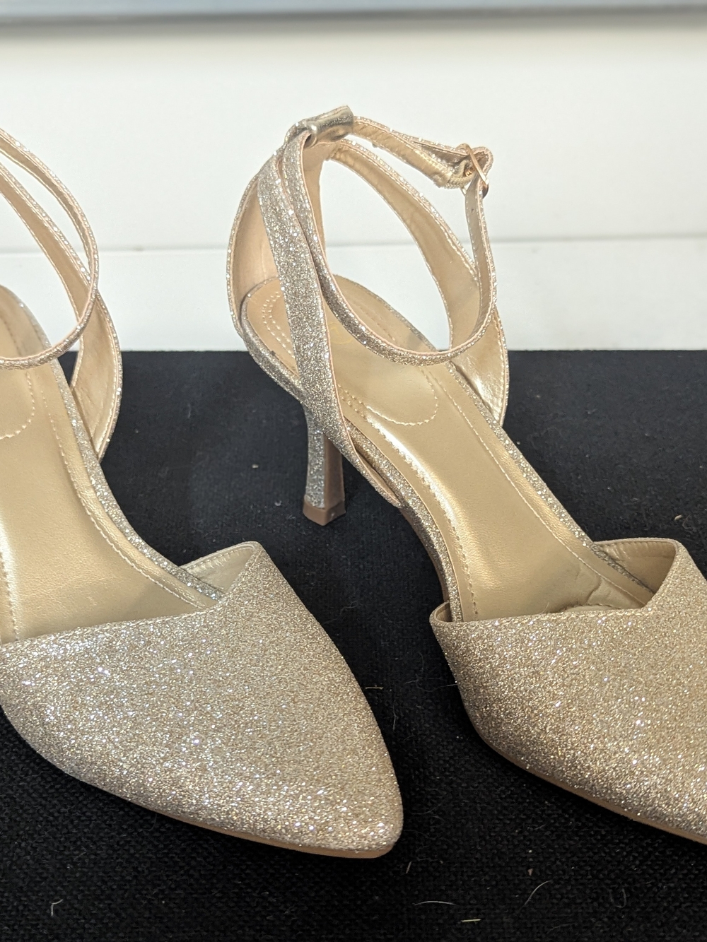 Gold Glitter Pointed-Toe Ankle-Strap Heels - Women